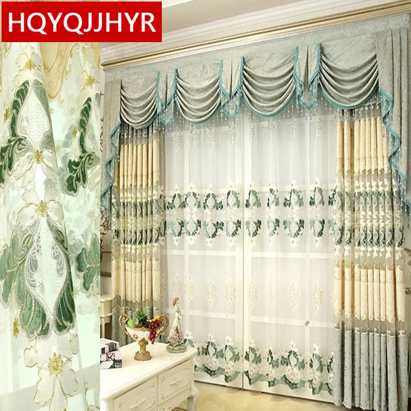 European luxury villa blue embroidery semi-shade decorative curtains for living room classic high quality curtains for beroom