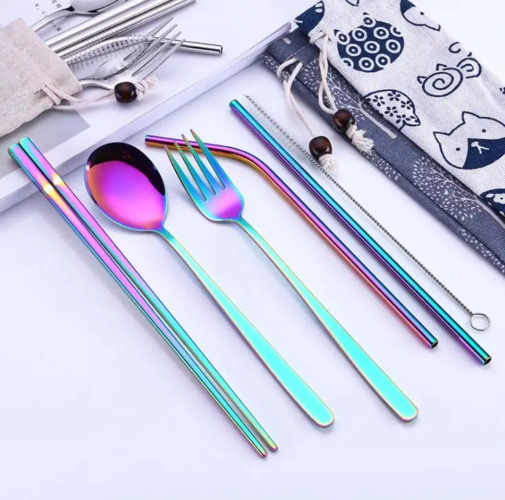 Stainless Steel Flatware Set 5pcs/set Reusable Metal Fork Spoon Chopsticks Portable Travel Silverware Set SN1608