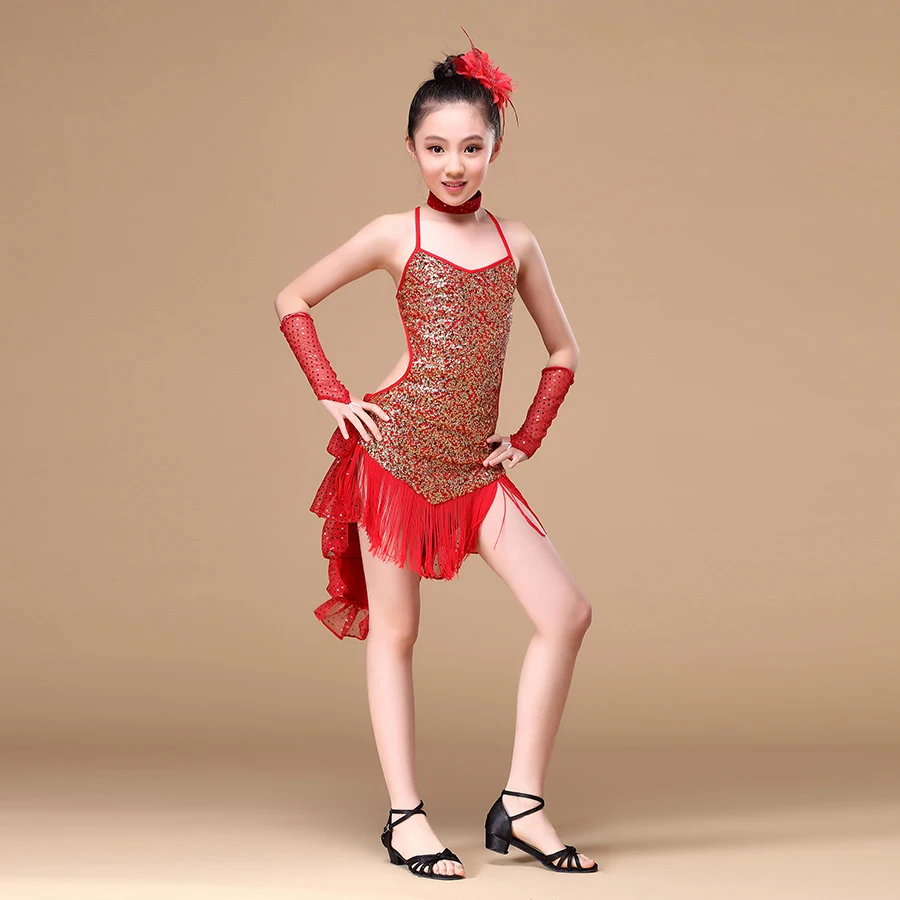 

5-15 Years Children Dance Outfit with Sleeves Sequins Latin Dresses for Girls Backless Fringe Ballroom Latin Dress for Girls