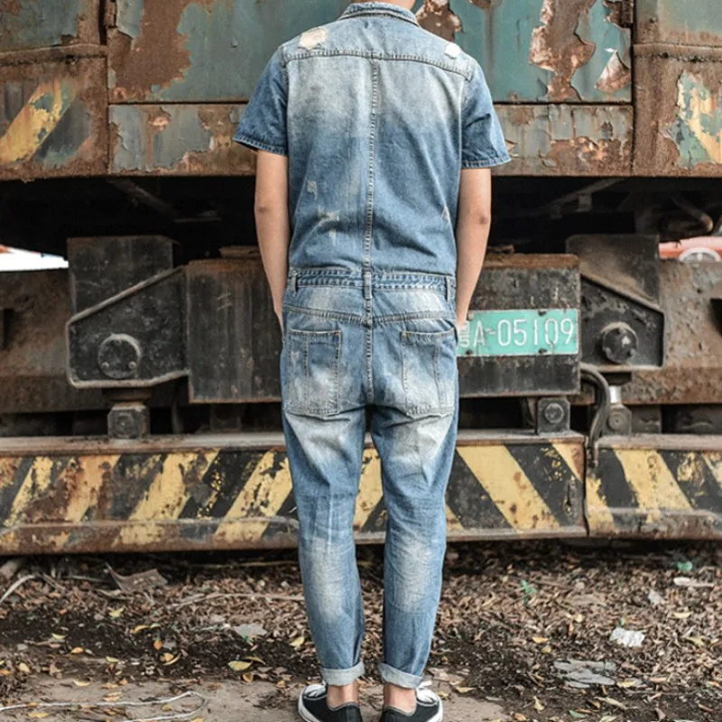 Japan Retro Mens Overalls Short Sleeved One Piece Denim Pants Casual Washed Jeans Jumpsuits Button Classic Hole Ripped Trousers