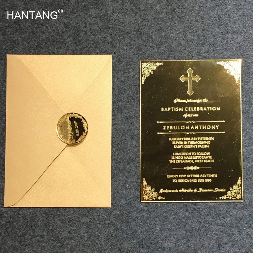 5x7inch Engraved Golden Mirror Acrylic Christening Baptism Invitaion Card 100 Sets Per Lot