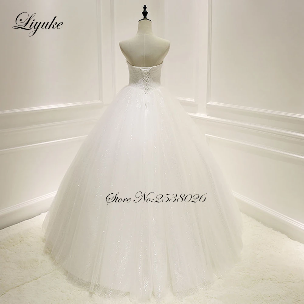 Liyuke Strapless Sweetheart Neckline  A Line Wedding Dress Glitter Tulle Floor Length Without Train Bridal Gowns