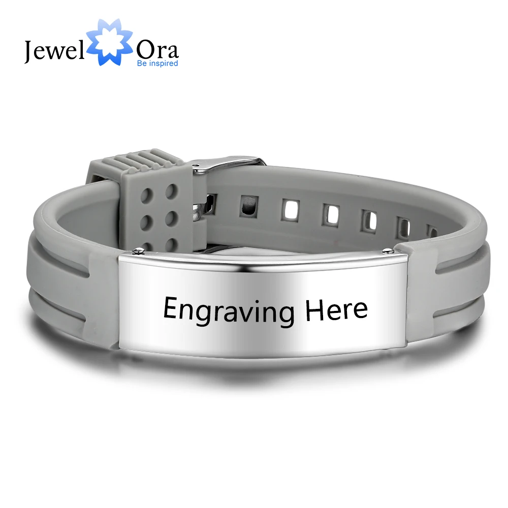 Personalized Custom Name Engrave Bracelet Bangle for Women Silicone ID Bracelets Stainless Steel Men Jewery (JewelOra BA102177)