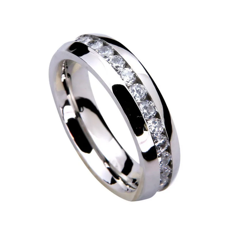 316L Stainless Steel Rings Titanium Steel High Polished Inlaid Within Arc Circle Rhinestone Silver Ring Couple Lover Engagement