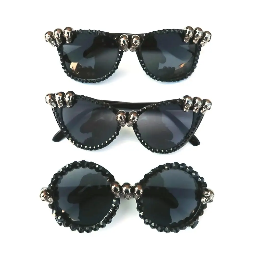 Women Gothic Skull Sunglasses Black Cat Eye Rhinestone Gorgeous Cateye UV400 Protection Ladies Round Sun Glasses Vintage Eyewear