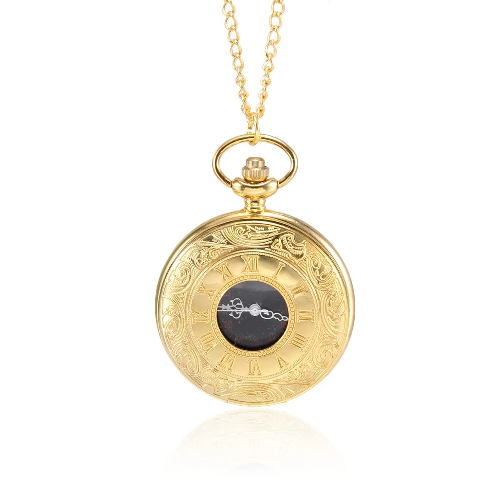 Men Women Quartz Pocket Watch Golden Rome Number Carved Case Big Dial with Chain LL@17