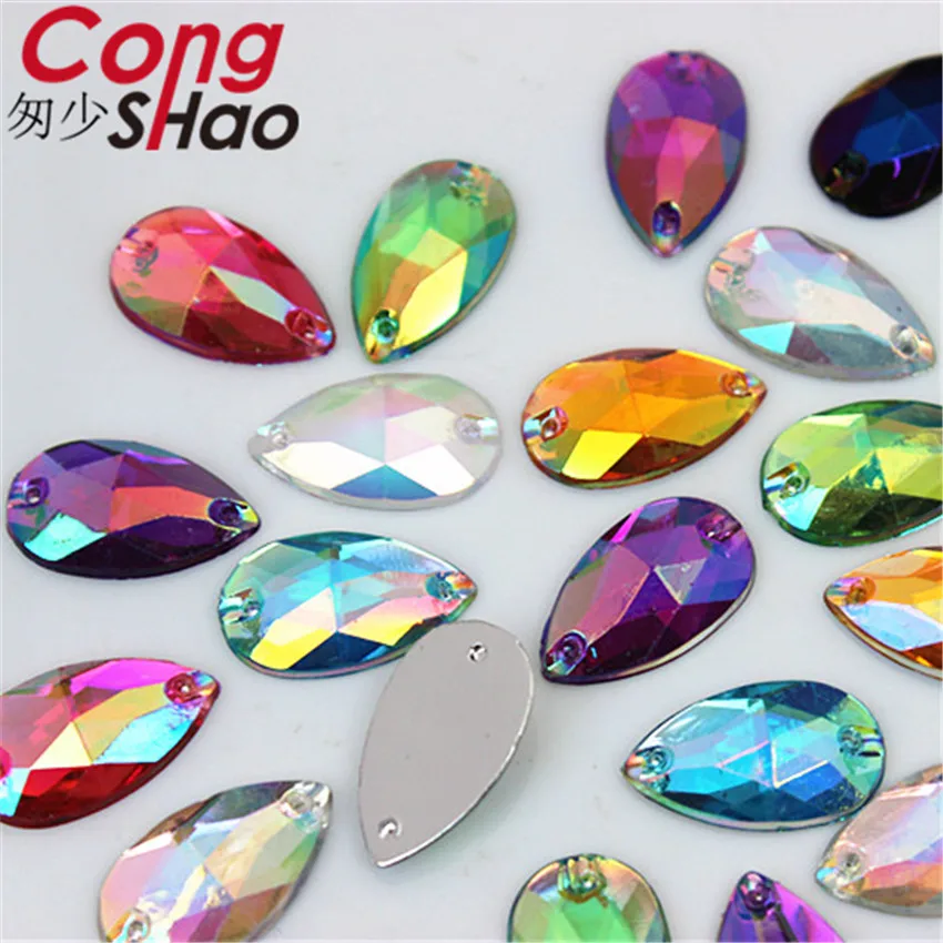 Cong Shao 100 Pz 11*18mm AB Colorato Goccia flatback pietre e cristalli Acrilico Strass da cucire 2 Fori DIY Pulsante costume CS640