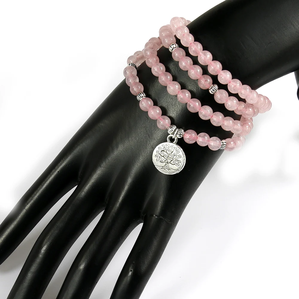 Pink Beads Buddhist Buddha Meditation 6mm 108 Beads Natural Stone Prayer Bead Bracelet Women Jewelry Women Stretch Yoga Jewelry