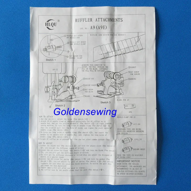 Ruffler Attachment Foot #G9E for INDUSTRIAL SINGLE NEEDLE SEWING MACHINES