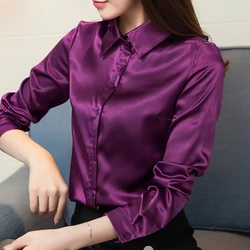 Stinlicher Satin Silk Shirt Frauen Herbst Langarm Elegante Arbeit Tragen Tops Koreanische Mode Lila Grün Blau Bluse Shirt