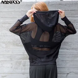 Fashion Women Mujer Sexy Mesh Hooded T-Shirt Quick-Drying Fitness Running Gym Yoga Top Casual Long Sleeve Transparent Hoodies