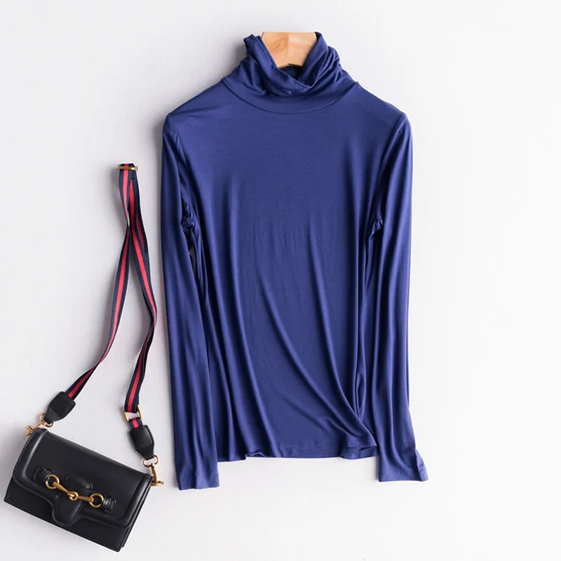 Piled Collar Spring and Autumn Slim Women's Modal Long Sleeve Ladies T Shirt Turtleneck Warm Basic Shirt