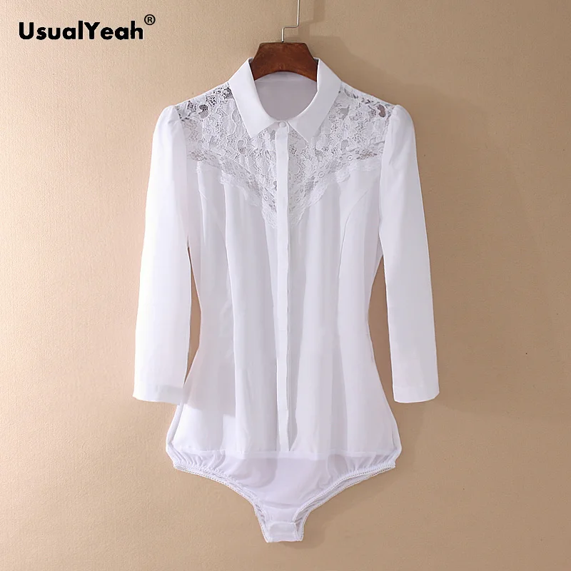 UsualYeah Black Lace Patch Body Shirt Autumn 3/4 Sleeve Smart Office Lady Work Wear Solid Color Bodysuit White