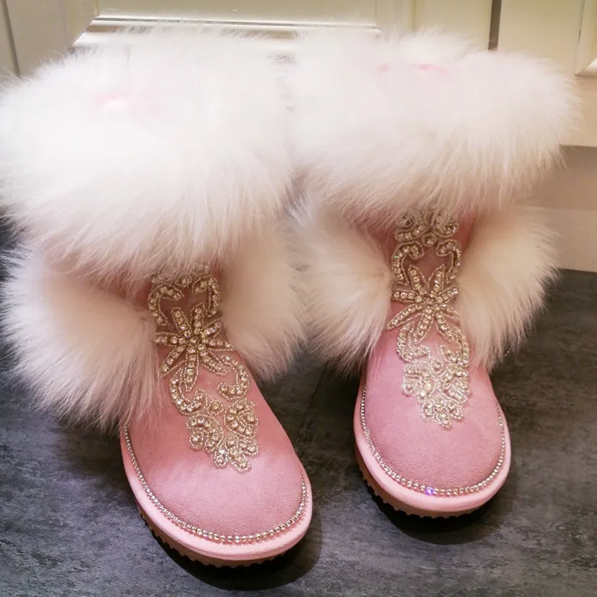 New Woman Bling Rhinestone Embellished Fox Fur  Snow Boots Winter Flat Warm Plush Sweet Crystal Handmade Ankle Boots Shoes