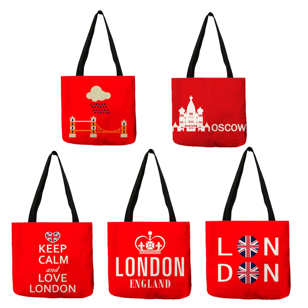 Borsa Tote fatta a mano di colore rosso brillante lettera London mosca borsa stampata borsa da Picnic pieghevole da viaggio in lino di buona qualità