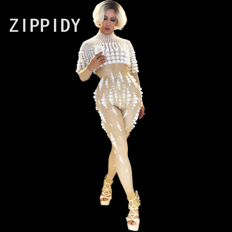 Christmas White Small Balls Jumpsuit Nightclub Women's Outfit Stage Wear Female Singer Show Costume Birthday Celebrate Rompers