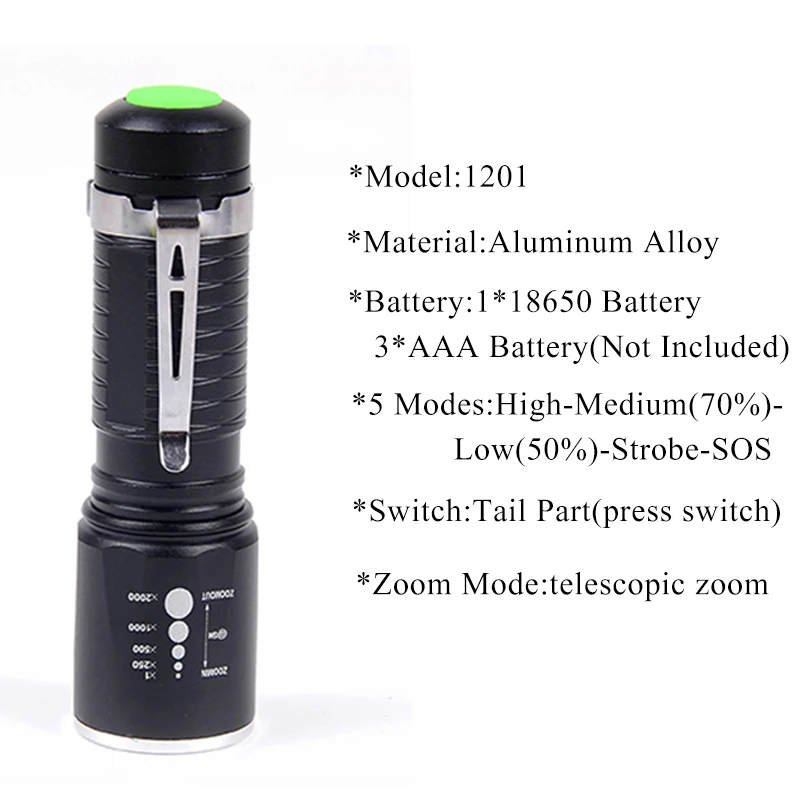 Powerful Zoomable Flashlight 8000Lumens 5 Modes Waterproof Torch Tactical Flashlight Aluminum 18650 or AAA Battery