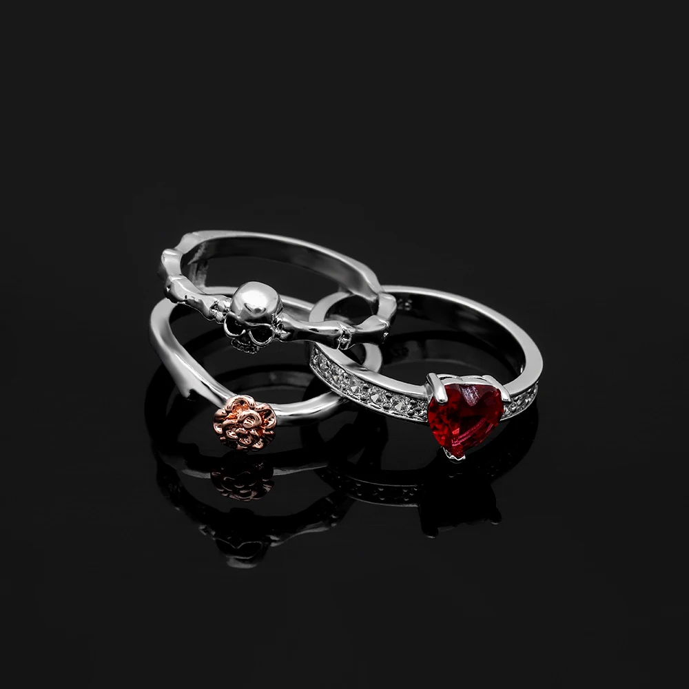 Gothic Skull Finger Silver Color Wedding Rings Set for Women Girl Red Heart Crystal CZ Rose Flower Trendy Jewelry Gift Rings