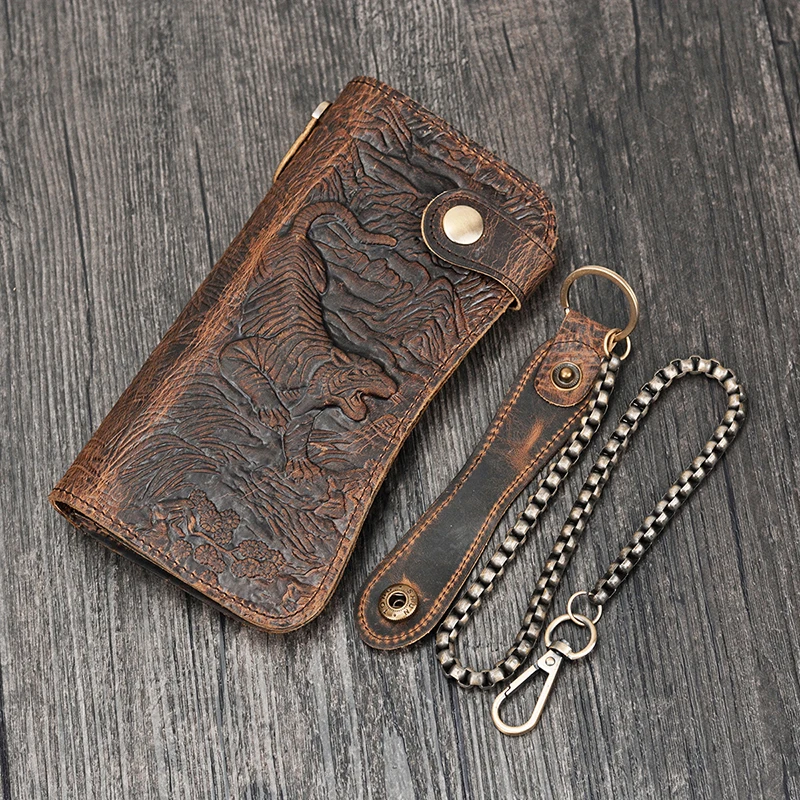 Luufan Men's Leather Long Wallet With 3D Embossing Key Chain Wallet With Iron Chain 100% Genuine Leather Wallet For Cards