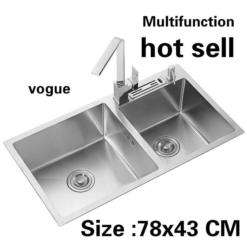 

Free shipping Apartment kitchen manual sink double groove high quality 304 stainless steel do the dishes hot sell 780x430 MM