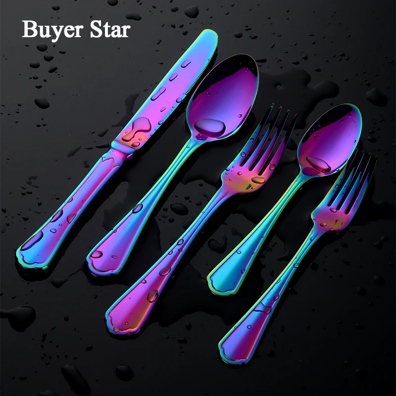 Drop shipping  Stainless Steel Cutlery Set Colorful tableware metal steak knife salad fork soup coffee spoon for kitchen hotel