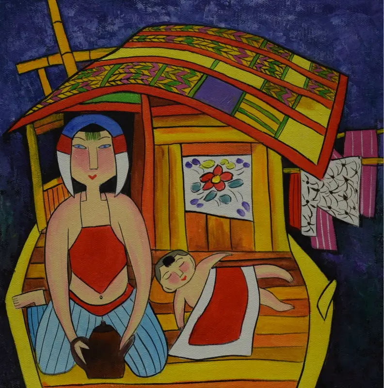 

Hand Painted Abstract Cartoon Oil Painting Chinese Style Figure Painting Wall Picture Painting for Living Room Canvas Painting