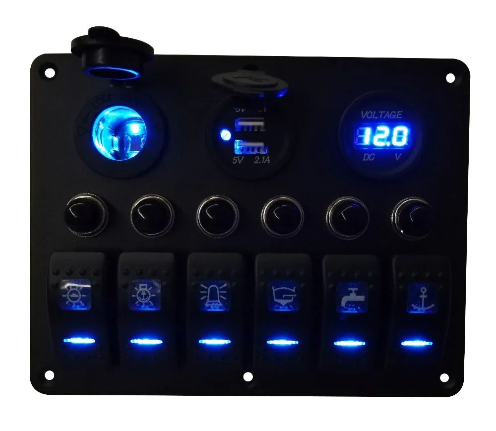 

12V/24V Aluminum Plate 6 Gang Blue Rocker Switch Panel With 6 Circuit Breakers & Power Socket & Dual USB ports Charger Socket