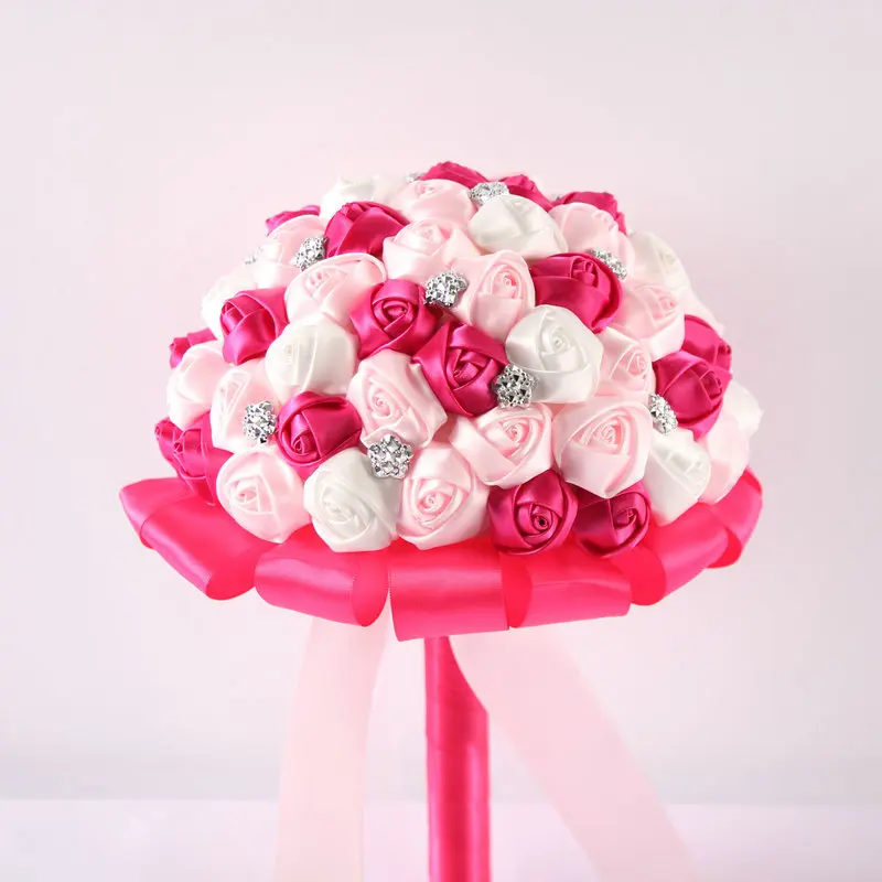 New arrived fushia +pink +white  Artificial Flowers rhinestone Wedding Bridal Bouquets Durable Silk Throw Wedding Bouquet Custom