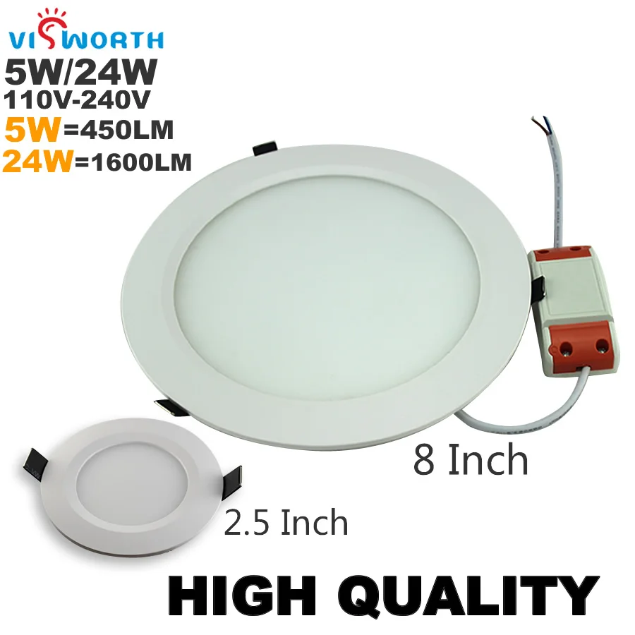 

VisWorht (2Pieces/lot)5W 24W LED Panel Lights ac 110v 220v 240v Ceiling Light Warm White Cold White led spotlight round Body