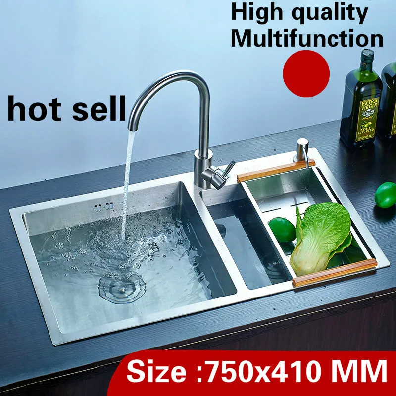 

Free shipping Kitchen manual sink double groove vogue mini multifunction wash vegetable durable 304 stainless steel 750x410 CM