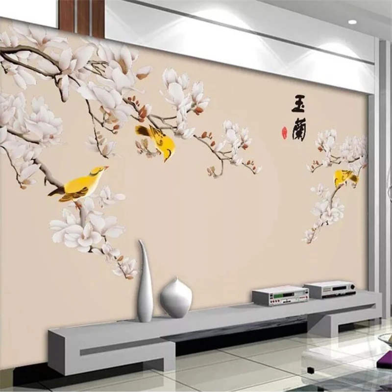 Custom wallpaper 3d mural magnolia white magnolia new Chinese porch hand-painted flowers and birds pen wall background wallpaper