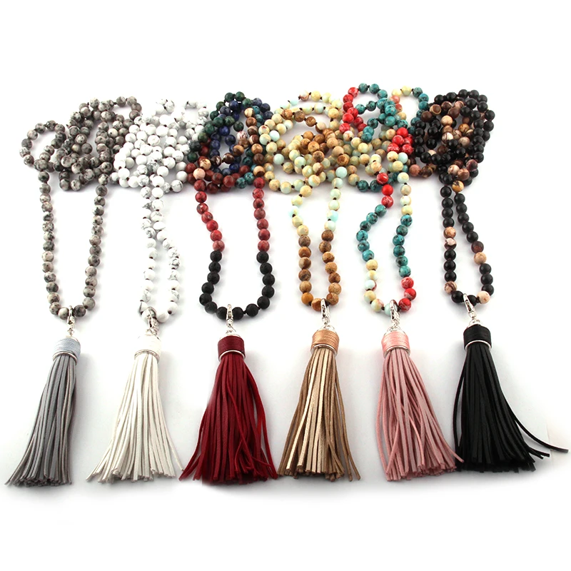 Fashion Bohemian Tribal Jewelry 108pc Mala Beads Multi Stone Knotted Leather Tassel Necklace Wome Yoga Necklace