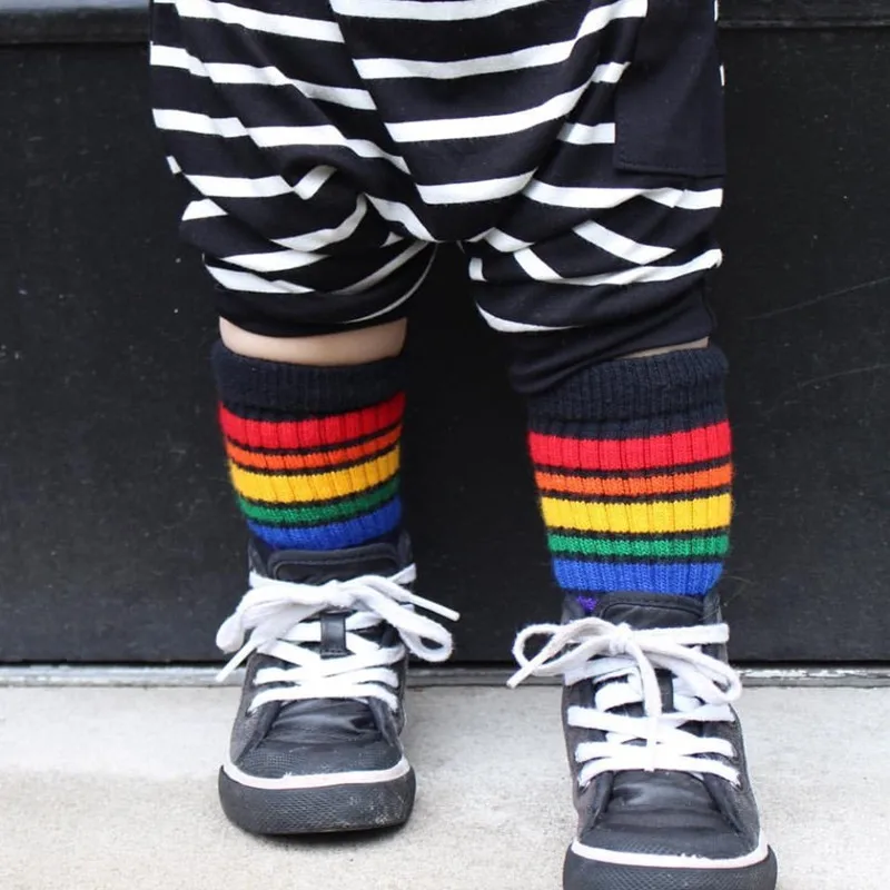 Rainbow Kids Knee High Socks Cotton Long Student School Socks Girls Boys Striped Socks White Family Sox Thick Children Footwear