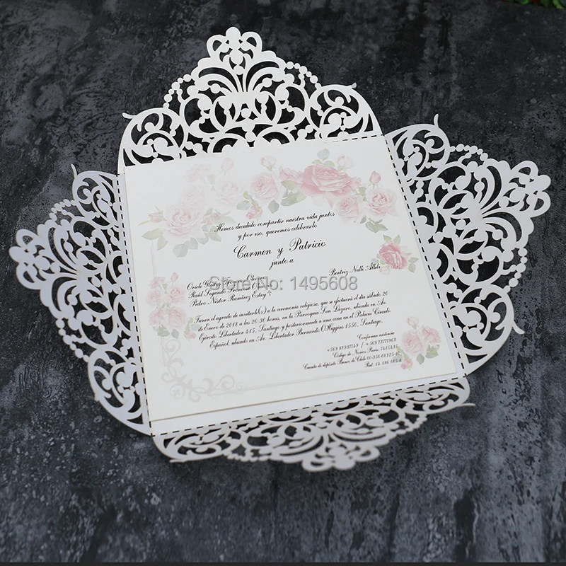 

Laser cut wedding invitation/graceful four fold card/lace elegant wedding invite/customize your color