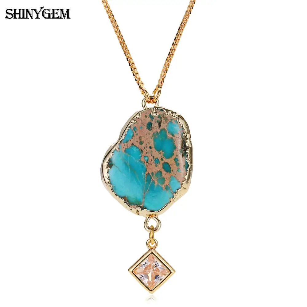 ShinyGem Irregular Blue Sea Sediment Jaspers Pendant Necklace Original Design Gold Plating Natural Gem Stone Necklaces For Women