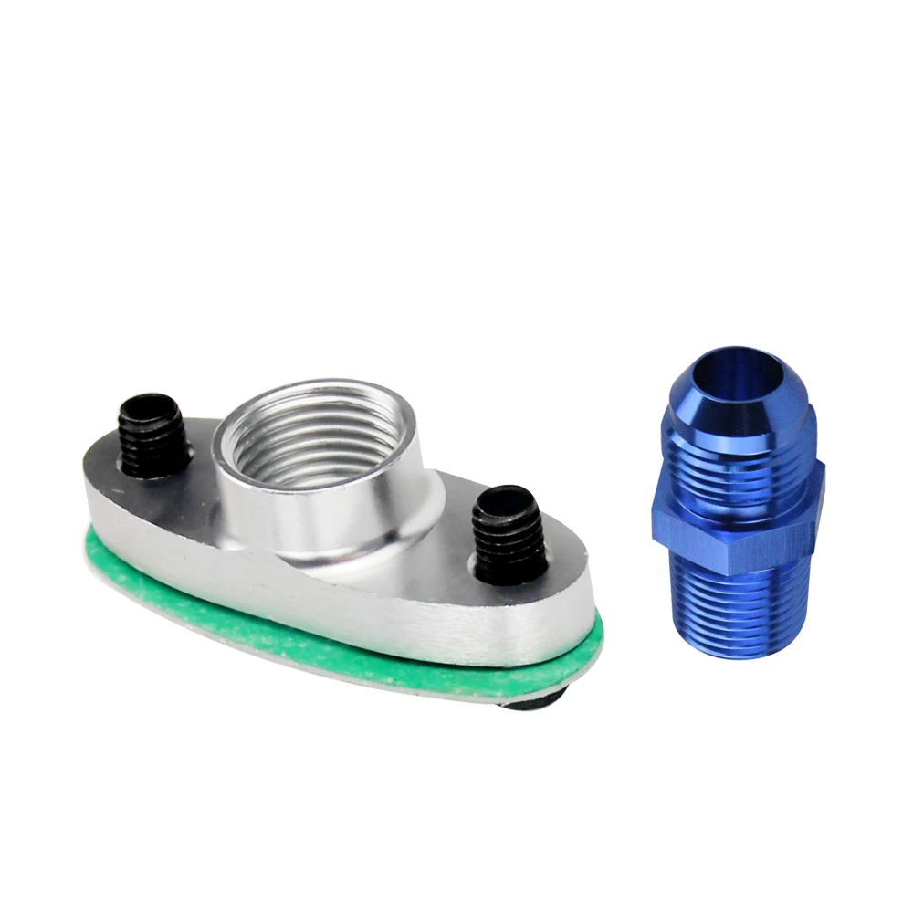 PQY - 1/2 NPT Female Aluminum Oil Drain Turbo Flange T3 T4 T04 GT40 GT55  silver + NPT 1/2 TO10AN Flare Fitting blue str