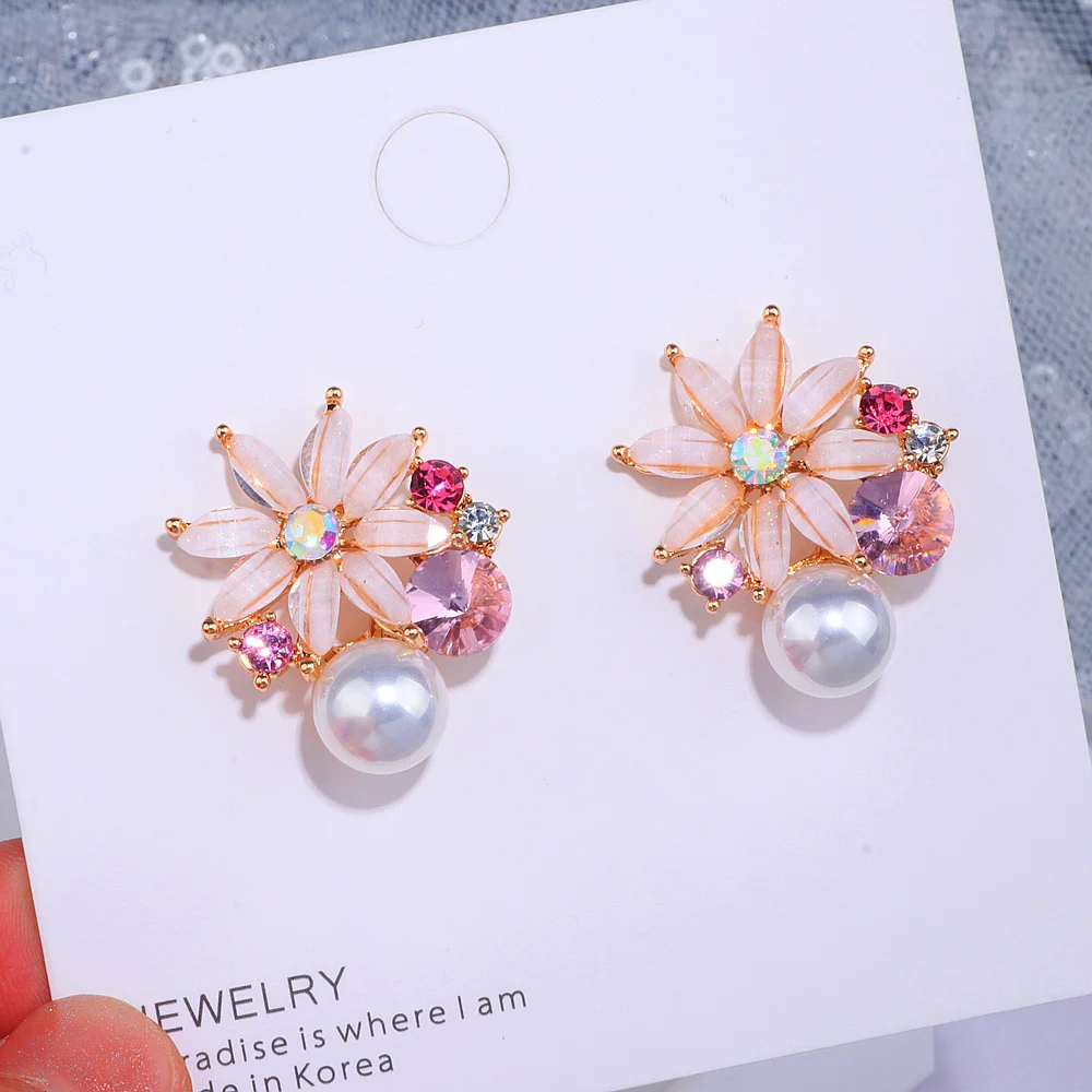 2022 Korean Style Fashion Flower Stud Earrings For Women Girls Big Sweet Crystal Earrings Femme Brinco Summer Jewelry Gifts