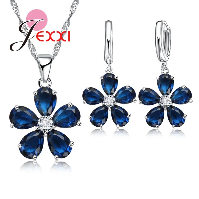 Romantic Gfit For Women Lady 925 Sterling Silver Color Jewelry Set Birthday Gift Crystal Necklace Earrings For Wedding Party