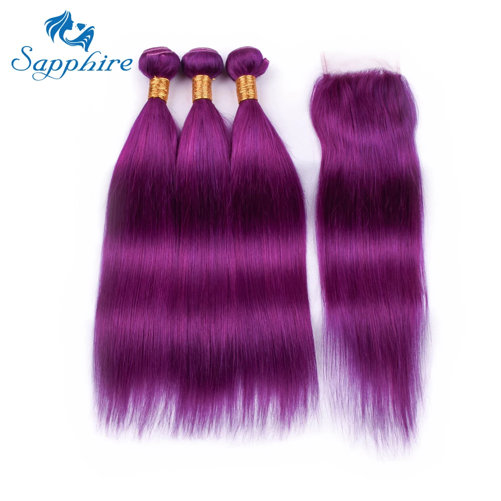 Sapphire 2023 Purple Color Straight Bundles With Closure 4X4 Lace Closure With 3/4 Bundles Brazilian Remy Hair Weave For Women