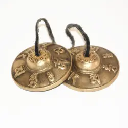 TBC847 Tibetan Buddhist Singing Bells Pair Tibet Mantras Cymbals OM MANI PAD ME HUM Brass Golden