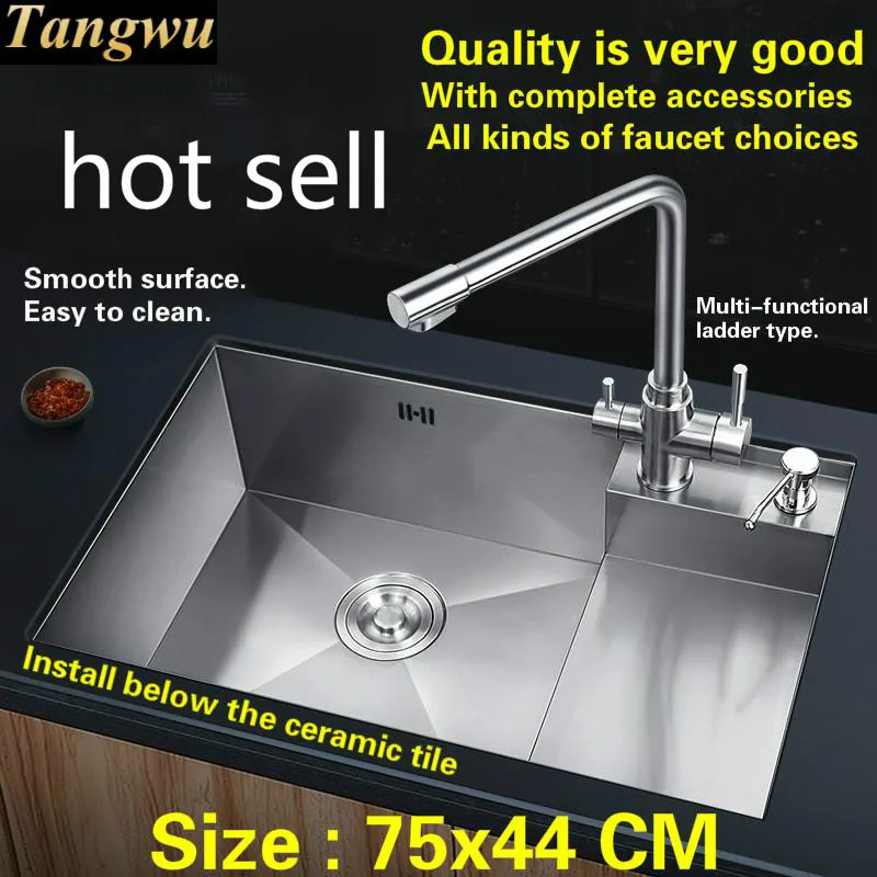 

Free shipping Luxury fashion kitchen manual sink single trough food grade 304 stainless steel standard hot sell big 75x44 CM