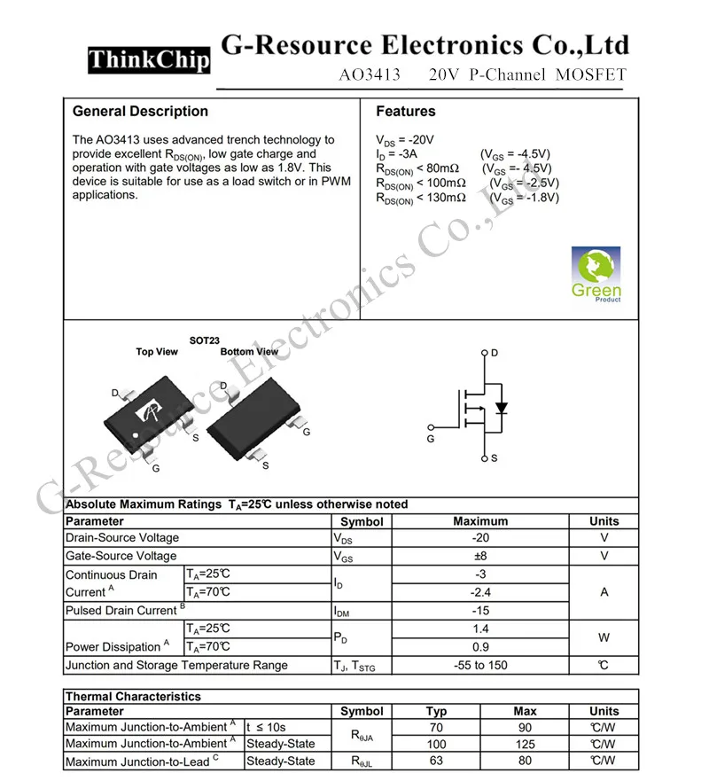 (50 stücke) AO3413 AS5V 3413 SOT-23 MOS-FET Transistor P-Kanal Triode SMD