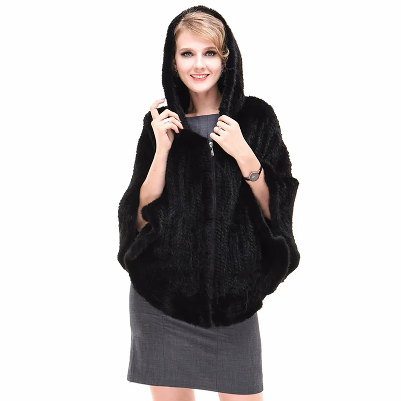 

Autumn Winter Women's Genuine Natural Knitted Mink Fur Shawl With Hoody Ruffle Hem Wraps Lady Pashmina Poncho VF7049