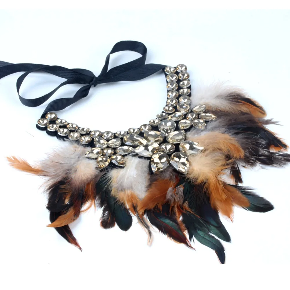 ZMZY Feather Choker Necklace With Glass Crystal Handmade Necklace Jewelry For Women