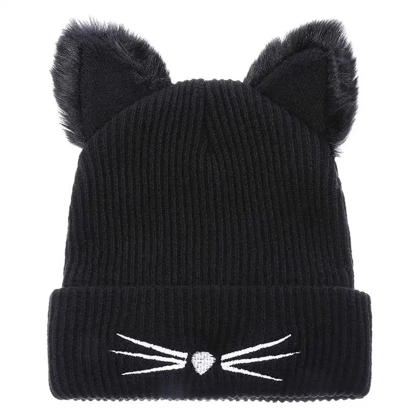 Winter Warm Hats for Women\'s Cat Ears Skullies Hat Black Hats Hot Drilling 2024 New Beanies Girls Rhinestone Outdoor Cap Head