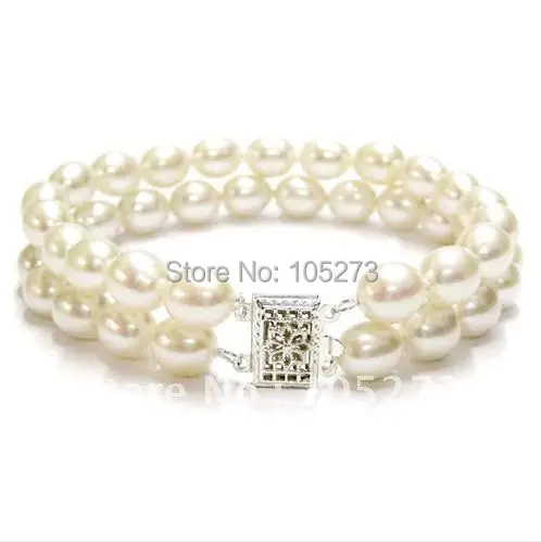 

Charming Pearl Jewelry S925 Sterling Silvers Bracelet 7-8MM 2rows White Rice Genuine Freshwater Pearl Bracelet New Free Shipping