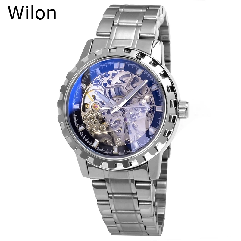 

Hot Sell Wilon Brand Men's Automatic Mechanical Wristwatches Male Personality Hollow Full Stainless Steel Business Dress Watches