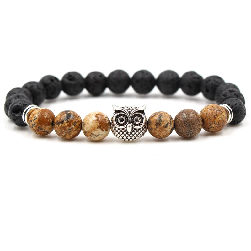 NIUYITID Owl Bead Bracelets Fashion Antique Silver Color Black Lava Volcanic Stone Bracelet Animal Charm Bracelet Mens Pulseras