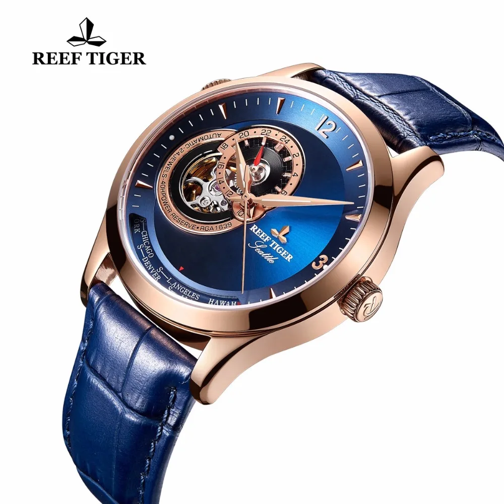 Reef Tiger/RT Casual Watches Water Resistant Rose Gold Blue Dial Watches Leather Watch Band Automatic Watches RGA1693