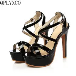 QPLYXCO 2017 Summer Genuine leather Style Sandals fashion  Big Size 30-48 Lady Super High Heel(13CM) wedding Party shoes 431-3